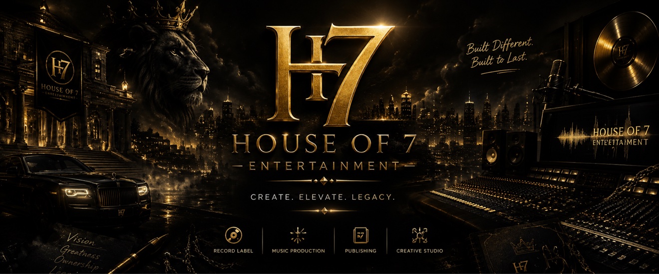 House of 7 Entertainment — gold H7 monogram over a city skyline and recording studio